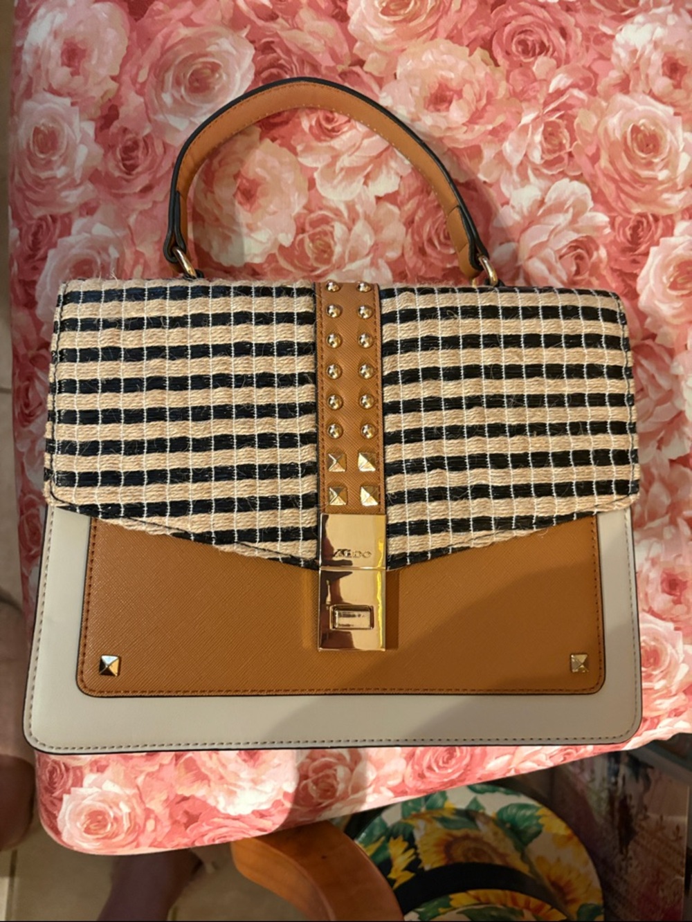 Structured Top-Handle Women’s Bag in Tan, Black & Cream